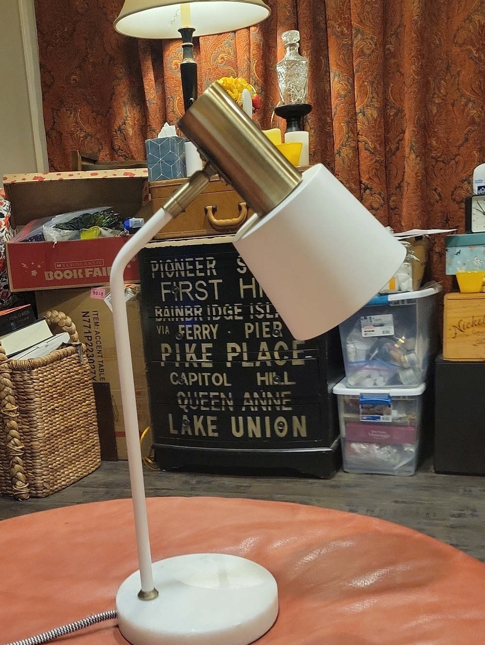Desk/ Night Stand Lamp W Brushed Brass/White Quartz Base/EUC